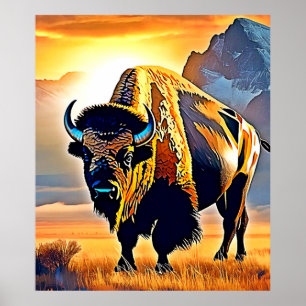 Solnedgång Mountain Bison Art Design Poster