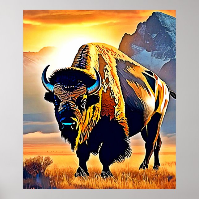 Solnedgång Mountain Bison Art Design Poster (Framsidan)