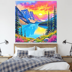 Solnedgång Mountain Lake Majestät Konst Canvastryck
