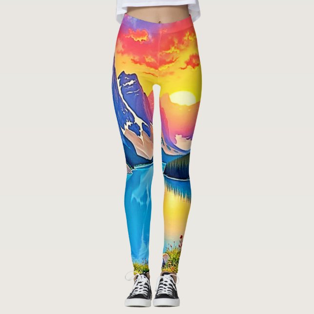 Solnedgång Mountain Lake Majestät Konst Leggings (Framsida)