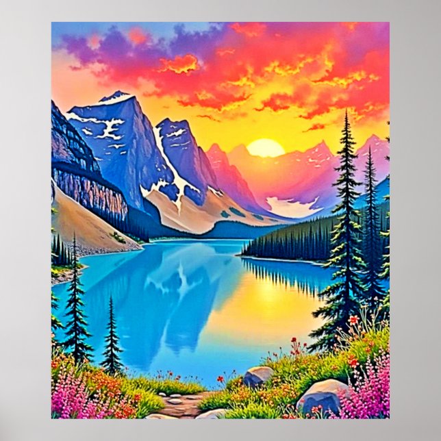 Solnedgång Mountain Lake Majestät Konst Poster (Framsidan)