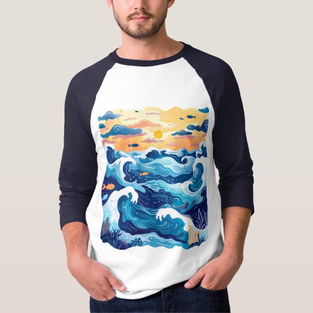Solnedgång Ocean Vågor T-Shirt – Konstnärlig Hav o (Framsida)