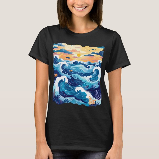 Solnedgång Ocean Vågor T-Shirt – Konstnärlig Hav o (Framsida)