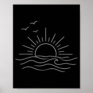 Solnedgång oceanvågor minimal linje konst frihet d poster
