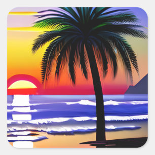 Solnedgång och Handflatan Träd Beachy ARt Fyrkantigt Klistermärke
