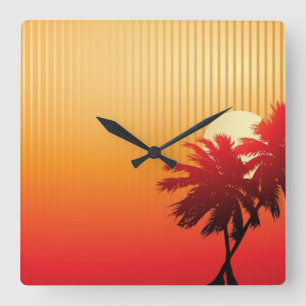 Solnedgång och Handflatan Träd Wall Clock Fyrkantig Klocka