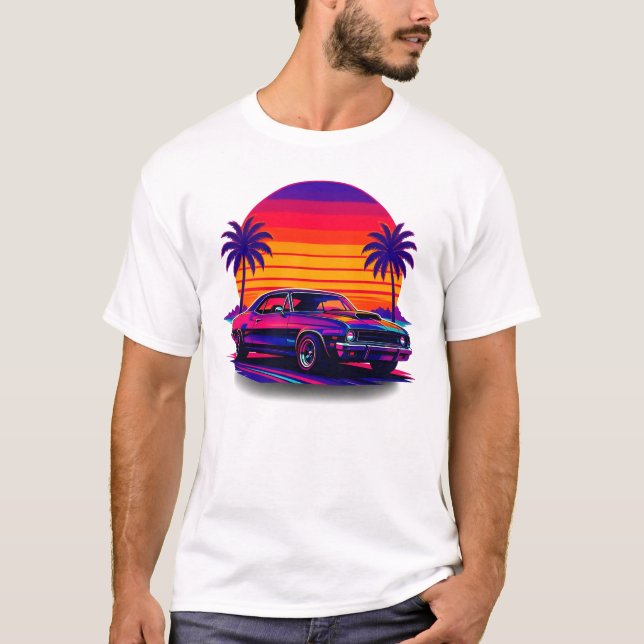 Solnedgång Och Retro Bil T-Shirt (Framsida)