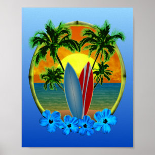 Solnedgång och surfbrädor poster