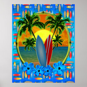 Solnedgång och surfbrädor poster