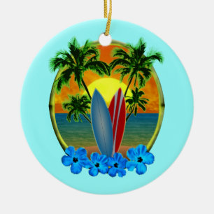 Solnedgång och surfingbrädor julgransprydnad keramik