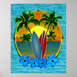 Solnedgång och surfingbrädor poster