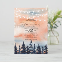 Solnedgång och tallskog bröllopsinbjudan