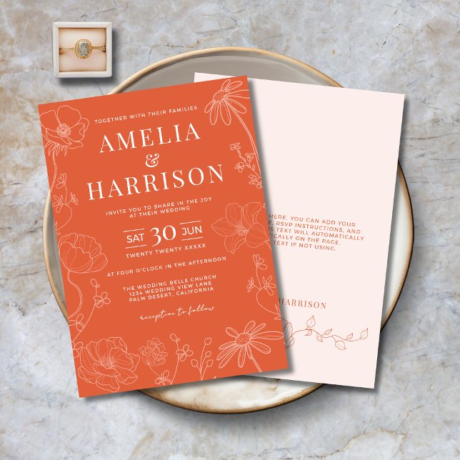 Solnedgång Orange Elegant bröllop Inbjudningar (Sunset Orange Elegant Wedding Invitation with Delicate Flowers, Modern Typography, Spring, Summer.)