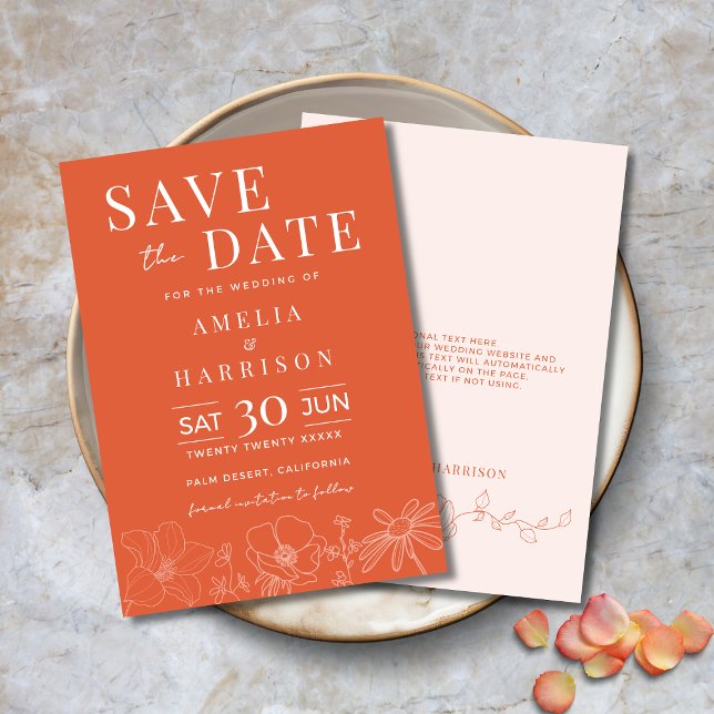 Solnedgång Orange Elegant bröllop Spara Datumet (Sunset Orange Elegant Wedding Save the Date Invitation with Modern Typography, Delicate Flowers)