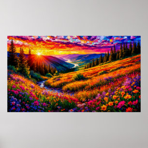 Solnedgång över äng med vilda blommor 🌅 Färgrik m Poster