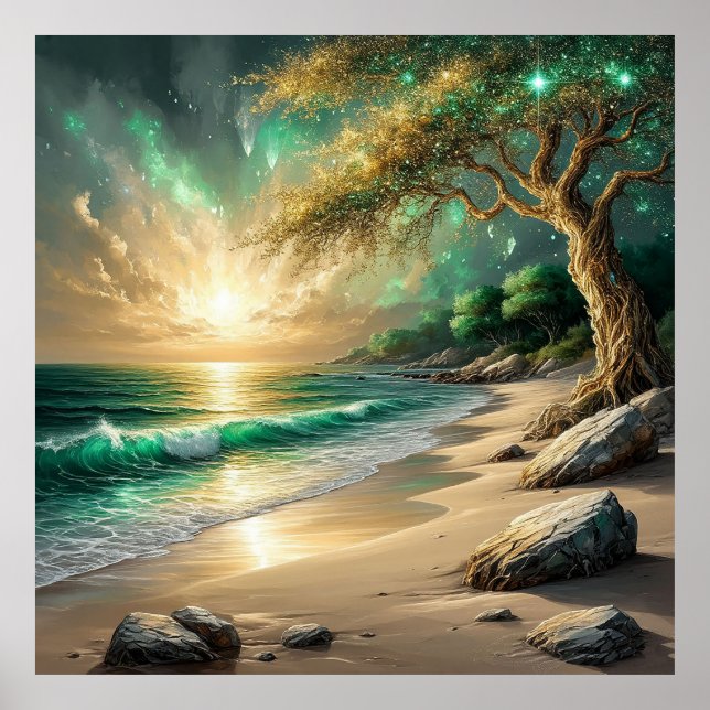 Solnedgång över bläckstråle med Mystical Träd Poster (Framsidan)
