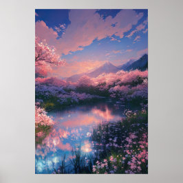 Solnedgång över Blommarna Serene Cherry Pond Poster