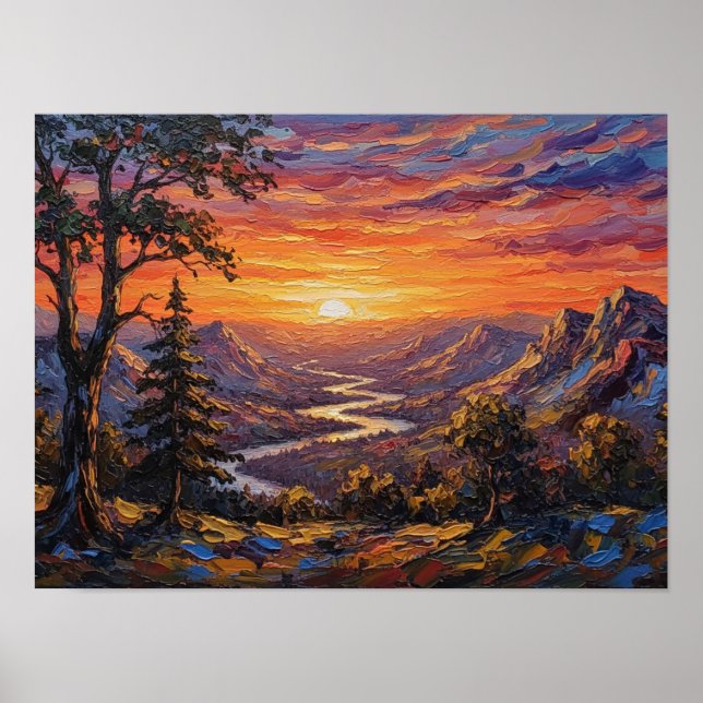 Solnedgång över dalens toppar poster (Framsidan)