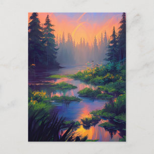 Solnedgång över den fantastiska Swampy-skogen Vykort