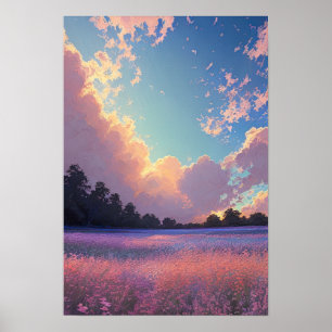 Solnedgång över en Fält av Rosa och Blåa blommor Poster