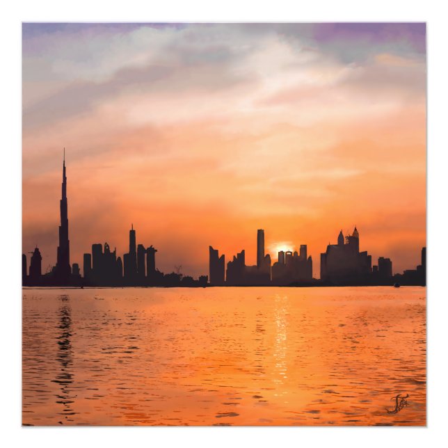 Solnedgång över en havsbottenstad - vattenfärg fototryck (Framsidan)