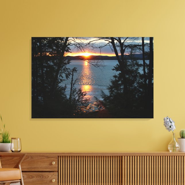 Solnedgång över Forest Sjö Wrapped Canvas Art (Insitu (Vardagsrum))