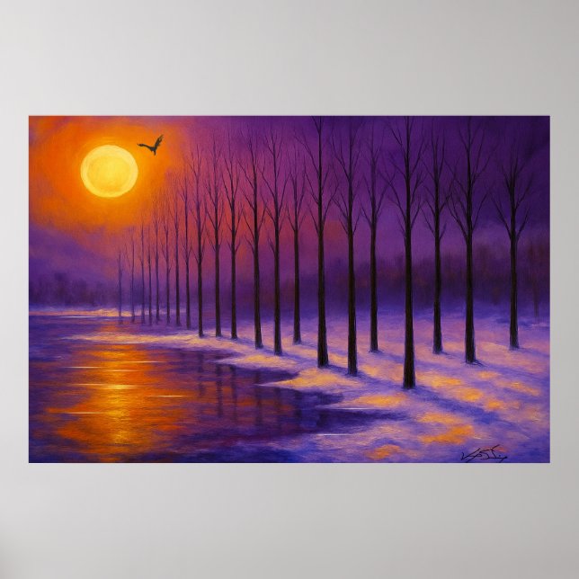 Solnedgång över Frostig Skog Poster (Framsidan)