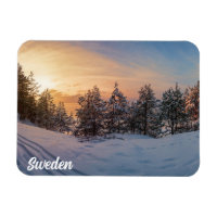 Solnedgång över fryst snöskog nära