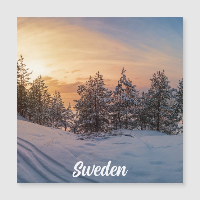 Solnedgång över fryst snöskog nära magnet (Framsida)