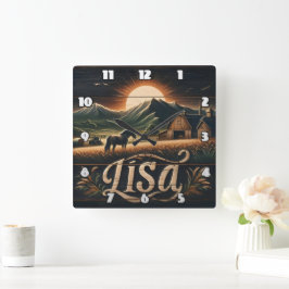 Solnedgång över gården med häst och Barns i bergen Fyrkantig Klocka