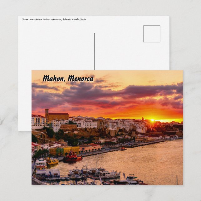 Solnedgång över hamnen i Mahon - Menorca, Spanien Vykort (Fram/baksida)