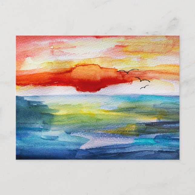 Solnedgång över havet i vattenfärgen Stil Helg Vykort (Framsida)
