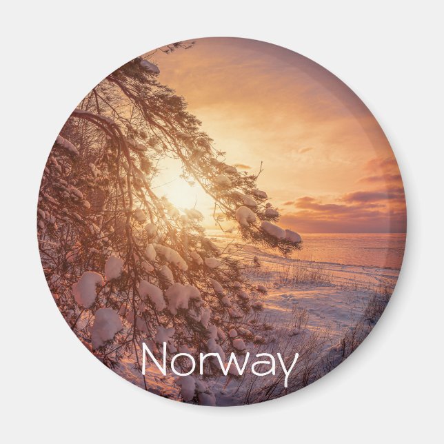 Solnedgång över havs och snö gräs träd magnet (Framsidan)