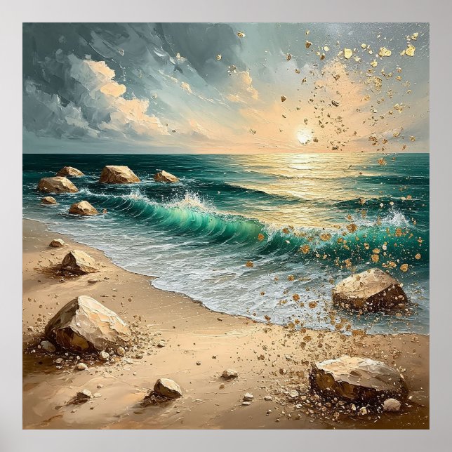 Solnedgång över havsvågor och klippig strandlinje poster (Framsidan)