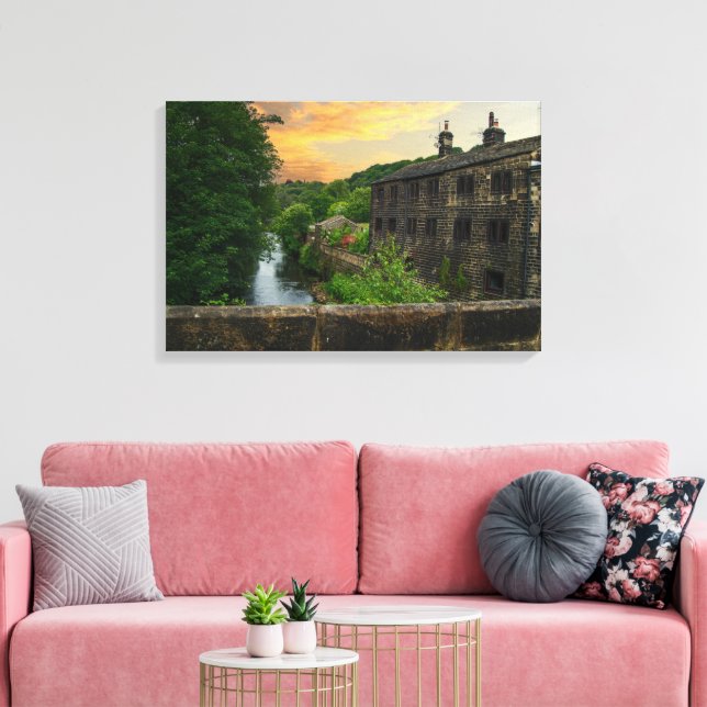 Solnedgång över Hawksclough Bridge, Mytholmroyd Canvastryck (Insitu (Vardagsrum))