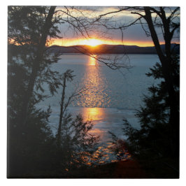 Solnedgång över keramiska plattan Sjö över skogar Kakelplatta