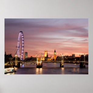 Solnedgång över London Öga och parlamentet Poster