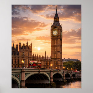 Solnedgång över Londons ikoniska klocktorn Poster