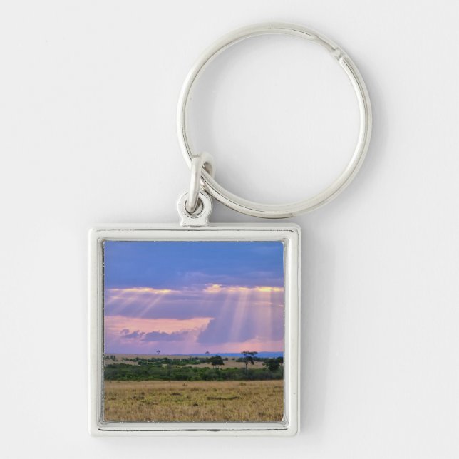 Solnedgång över Masai Mara. Fyrkantig Silverfärgad Nyckelring (Framsidan)