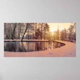 Solnedgång över parken med liten frostig sjö poster