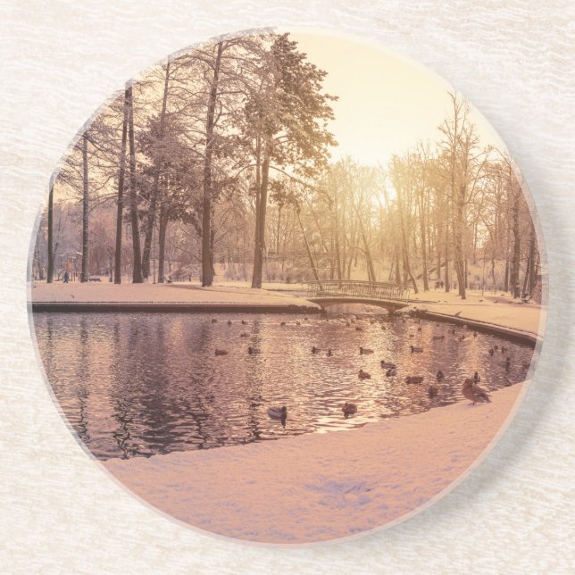 Solnedgång över parken med liten frostig sjö underlägg (Framsidan)