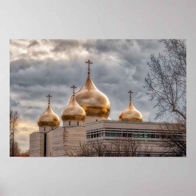 Solnedgång över rysk-ortodox katedral i Paris Poster (Framsidan)