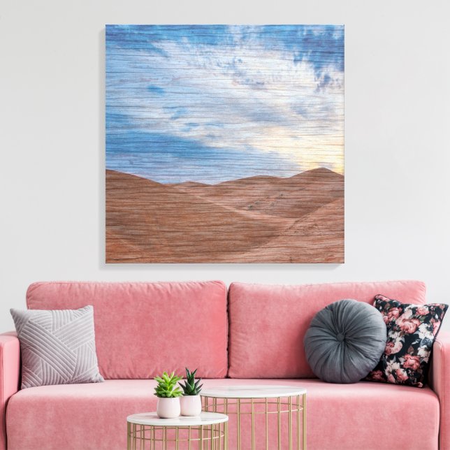 Solnedgång över sanddyner på trästruktur foto canvastryck (Insitu (Vardagsrum))