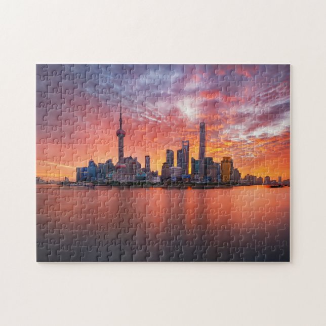 Solnedgång över Shanghai Skyline Travel Cityscape Pussel (Horisontell)