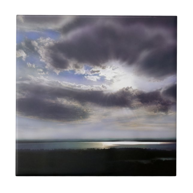 Solnedgång över sjölandskapets vatten soluppgång kakelplatta (Framsidan)