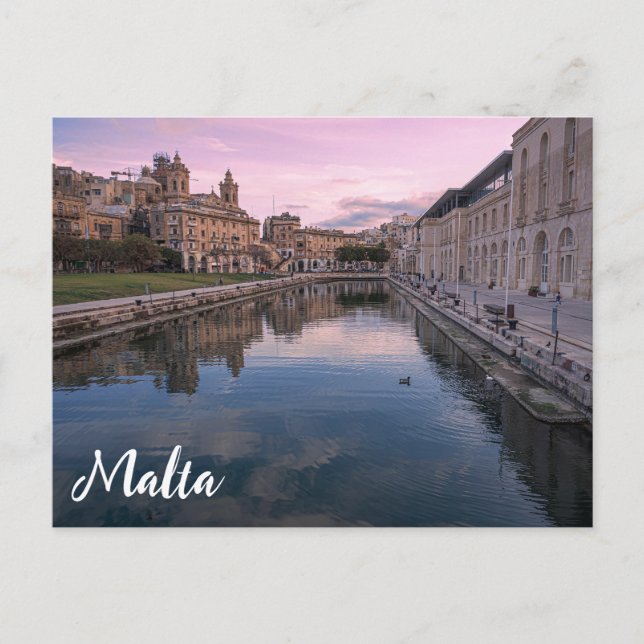 Solnedgång över småkanalen i Cospicua, Malta Vykort (Framsida)
