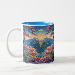 Solnedgång över Snö, skyddat berg och blomning Två-Tonad Mugg