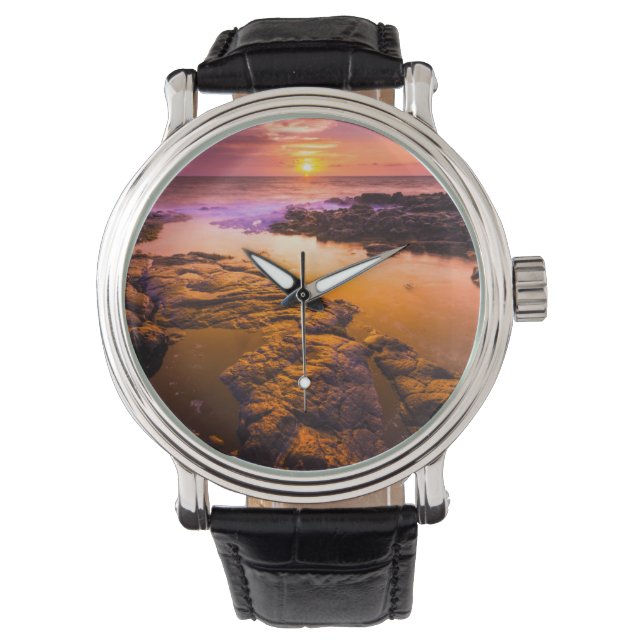 Solnedgång över tidvattenpölar, Hawaii Armbandsur (Framsida)