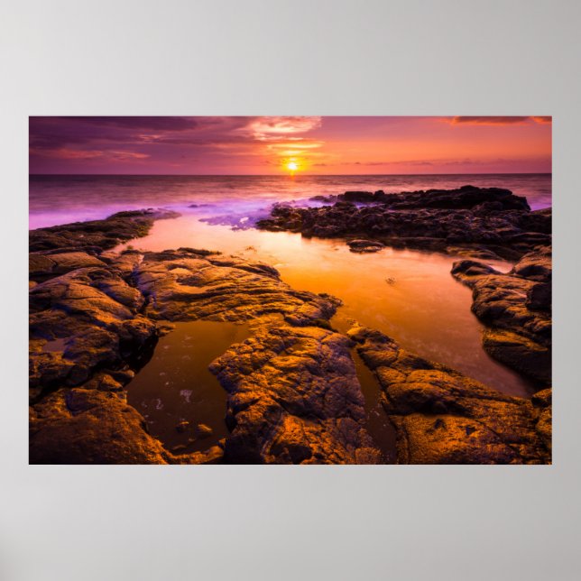 Solnedgång över tidvattenpölar, Hawaii Poster (Framsidan)