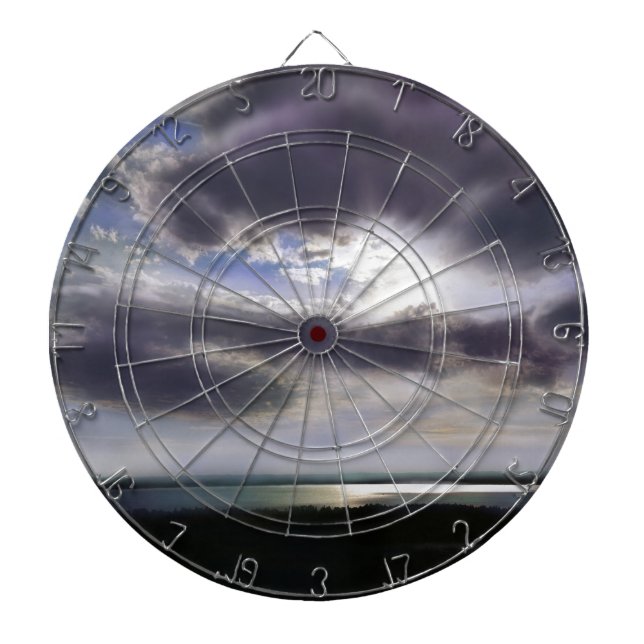 Solnedgång över vattenfärgsmålning i sjö darttavla (Framsidan)